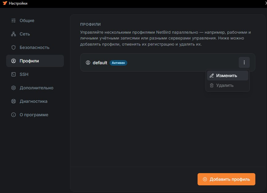 Раздел Профили в настройках NetBird